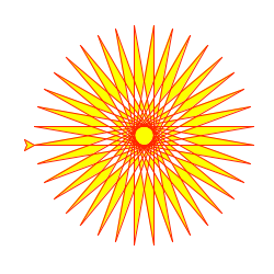 A yellow starburst of thin spikes with a red outline, drawn by turtle.